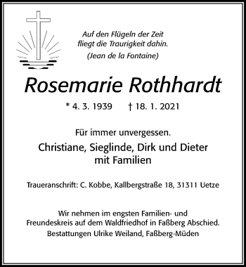 Traueranzeige von Rosemarie Rothhardt von Cellesche Zeitung