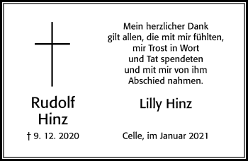 Traueranzeige von Rudolf Hinz von Cellesche Zeitung