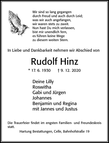 Traueranzeige von Rudolf Hinz von Cellesche Zeitung