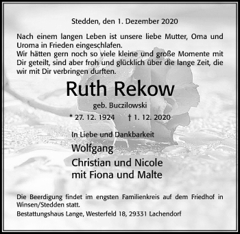 Traueranzeige von Ruth Rekow von Cellesche Zeitung
