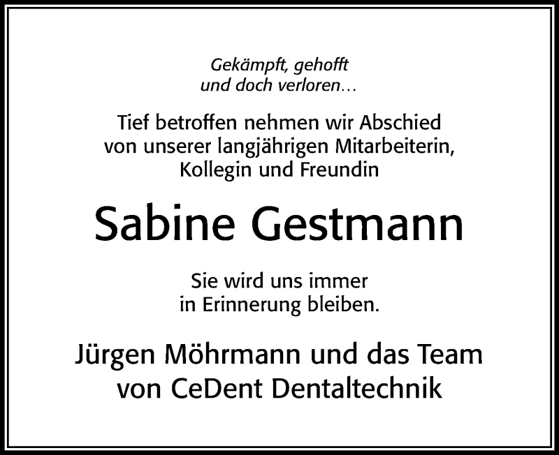  Traueranzeige für Sabine Gestmann vom 05.12.2020 aus Cellesche Zeitung