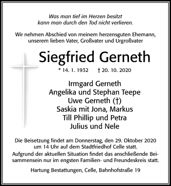 Traueranzeige von Siegfried Gerneth von Cellesche Zeitung