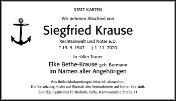 Traueranzeige von Siegfried Krause von Cellesche Zeitung