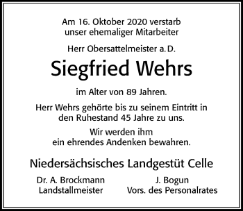 Traueranzeige von Siegfried Wehrs von Cellesche Zeitung