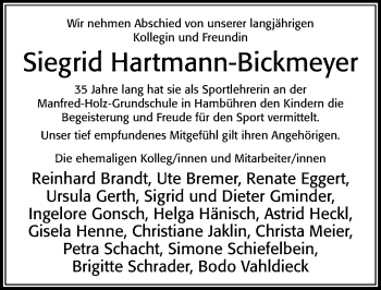 Traueranzeige von Siegrid Hartmann-Bickmeyer von Cellesche Zeitung