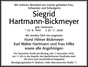 Traueranzeige von Siegrid Hartmann-Bickmeyer von Cellesche Zeitung