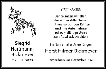 Traueranzeige von Siegrid Hartmann-Bickmeyer von Cellesche Zeitung