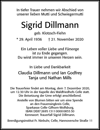 Traueranzeige von Sigrid Dillman von Cellesche Zeitung