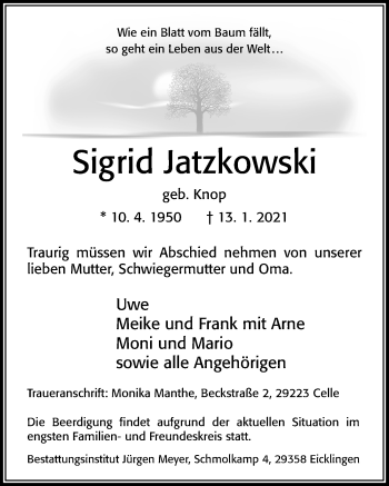 Traueranzeige von Sigrid Jatzkowski von Cellesche Zeitung