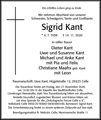 Traueranzeige von Sigrid Kant von Cellesche Zeitung