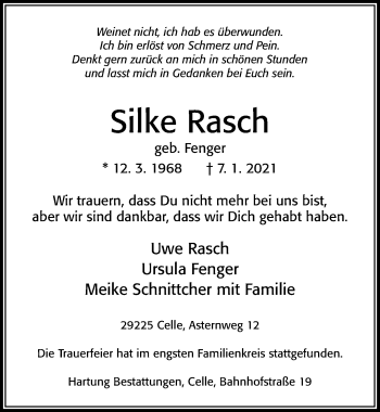 Traueranzeige von Silke Rasch von Cellesche Zeitung
