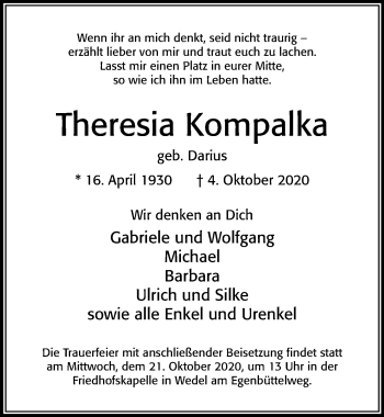 Traueranzeige von Theresia Kompalka von Cellesche Zeitung