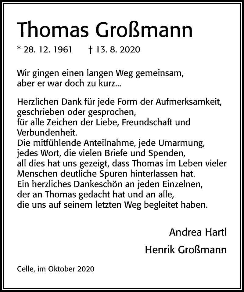  Traueranzeige für Thomas Großmann vom 10.10.2020 aus Cellesche Zeitung
