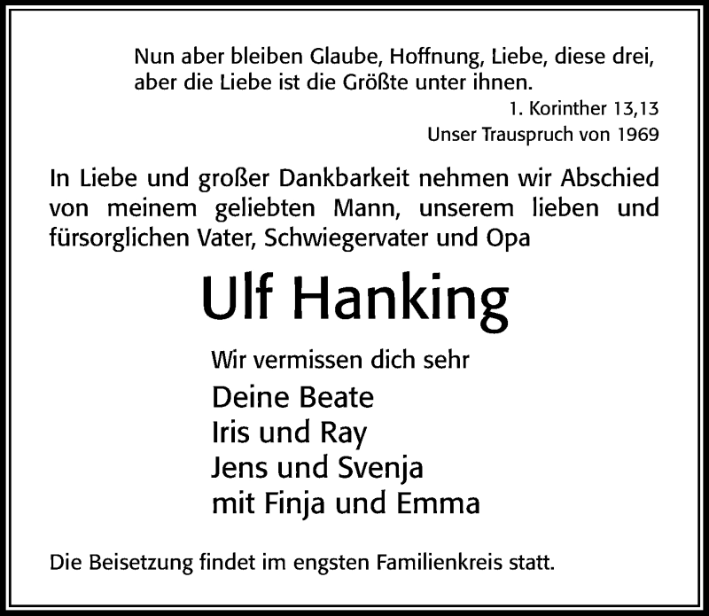  Traueranzeige für Ulf Hanking vom 12.12.2020 aus Cellesche Zeitung