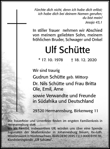 Traueranzeige von Ulf Schütte von Cellesche Zeitung