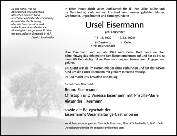 Traueranzeige von Ursel Eisermann von Cellesche Zeitung