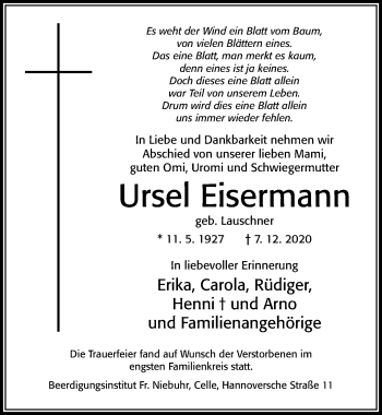 Traueranzeige von Ursel Eisermann von Cellesche Zeitung