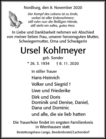 Traueranzeige von Ursel Kohlmeyer von Cellesche Zeitung