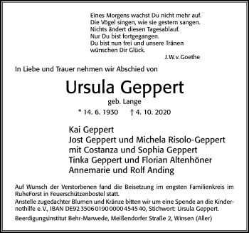 Traueranzeige von Ursula Geppert von Cellesche Zeitung