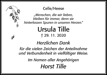 Traueranzeige von Ursula Tille von Cellesche Zeitung