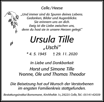 Traueranzeige von Ursula Tille von Cellesche Zeitung