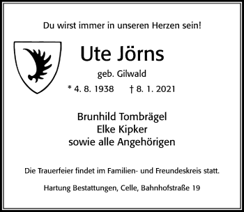 Traueranzeige von Ute Jörns von Cellesche Zeitung