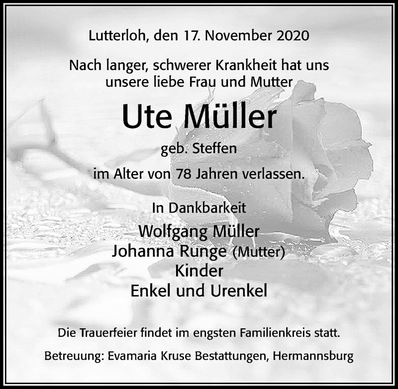  Traueranzeige für Ute Müller vom 21.11.2020 aus Cellesche Zeitung