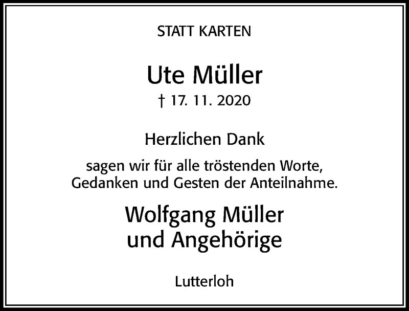  Traueranzeige für Ute Müller vom 21.12.2020 aus Cellesche Zeitung