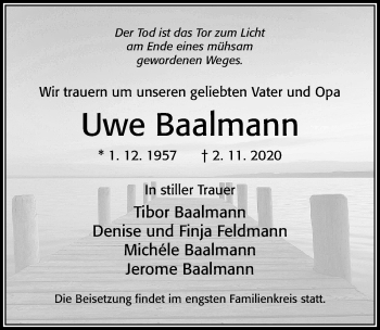 Traueranzeige von Uwe Baalmann von Cellesche Zeitung