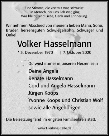 Traueranzeige von Volker Hasselmann von Cellesche Zeitung