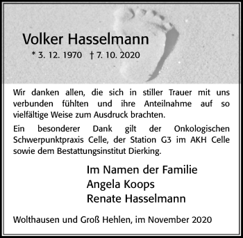 Traueranzeige von Volker Hasselmann von Cellesche Zeitung