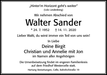 Traueranzeige von Walter Sander von Cellesche Zeitung