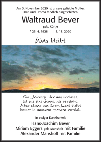 Traueranzeige von Waltraud Bever von Cellesche Zeitung