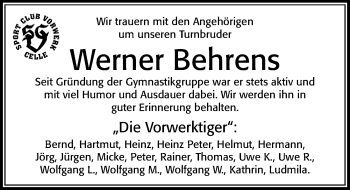 Traueranzeige von Werner Behrens von Cellesche Zeitung