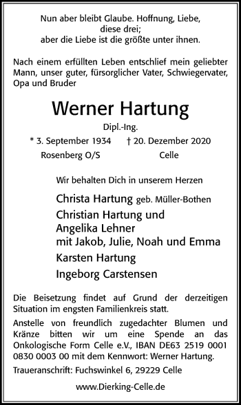 Traueranzeige von Werner Hartung von Cellesche Zeitung