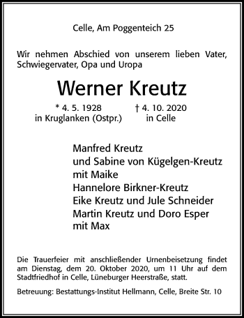 Traueranzeige von Werner Kreutz von Cellesche Zeitung