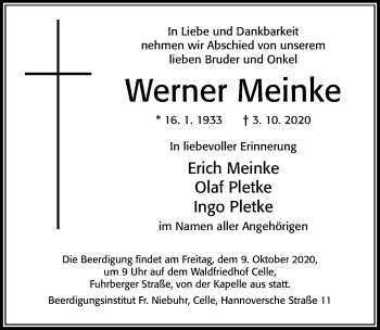 Traueranzeige von Werner Meinke von Cellesche Zeitung