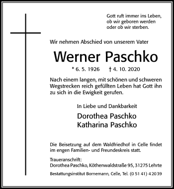 Traueranzeige von Werner Paschko von Cellesche Zeitung