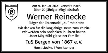 Traueranzeige von Werner Reinecke von Cellesche Zeitung