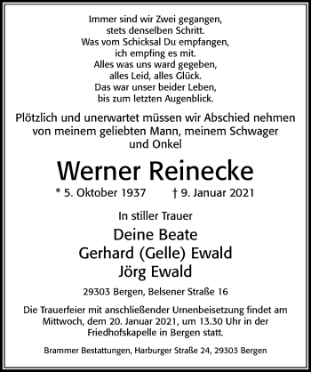 Traueranzeige von Werner Reinecke von Cellesche Zeitung