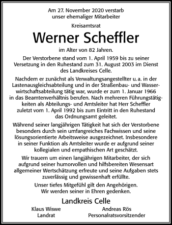 Traueranzeige von Werner Scheffler von Cellesche Zeitung