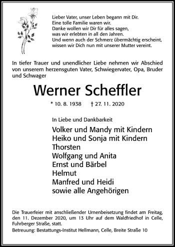 Traueranzeige von Werner Scheffler von Cellesche Zeitung