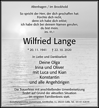 Traueranzeige von Wilfried Lange von Cellesche Zeitung