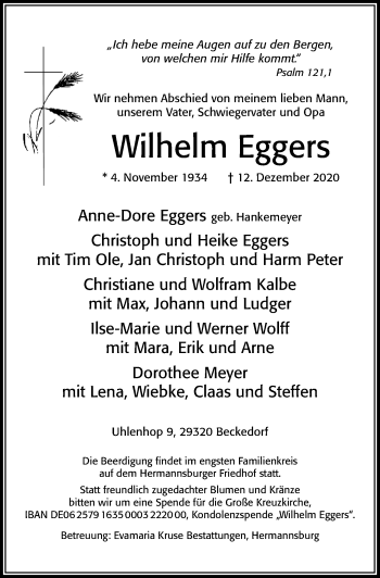 Traueranzeige von Wilhelm Eggers von Cellesche Zeitung