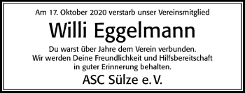 Traueranzeige von Willi Eggelmann von Cellesche Zeitung