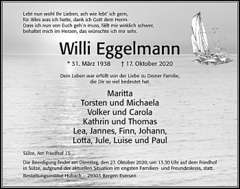 Traueranzeige von Willi Eggelmann von Cellesche Zeitung