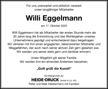 Traueranzeige von Willi Eggelmann von Cellesche Zeitung