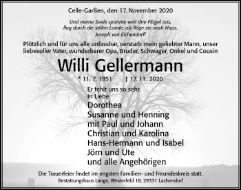 Traueranzeige von Willi Gellermann von Cellesche Zeitung