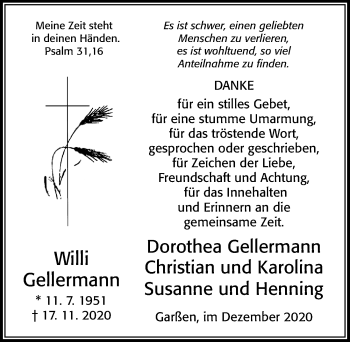 Traueranzeige von Willi Gellermann von Cellesche Zeitung