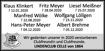 Traueranzeige von Wir gedenken Lindenclub Celle von Cellesche Zeitung